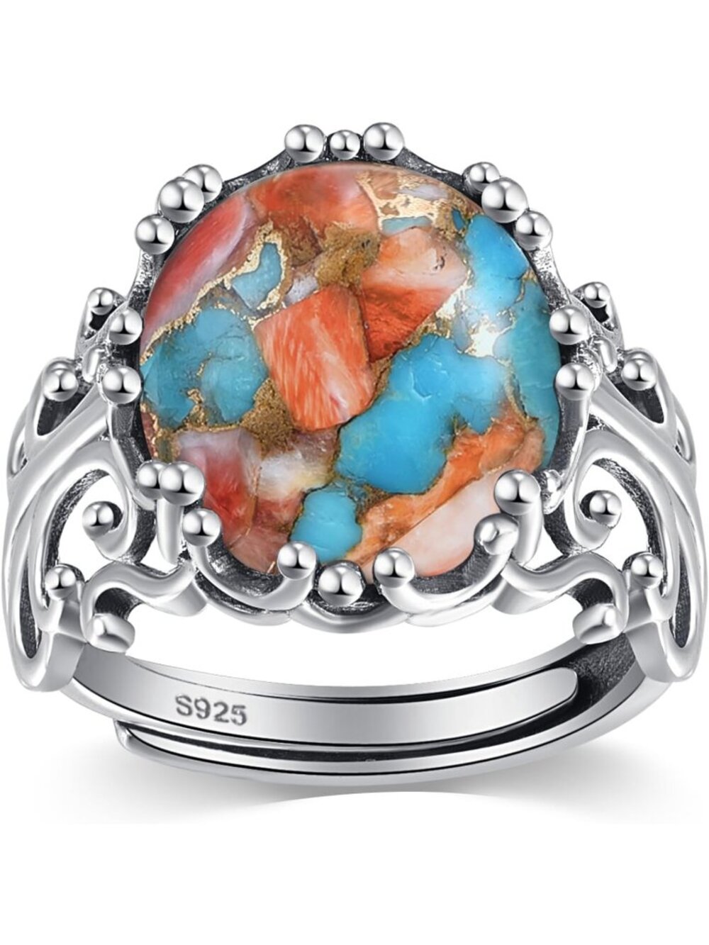Womens Spiny Turquoise Adjustable 925 Sterling Silver Vintage Oval Filigree Ring